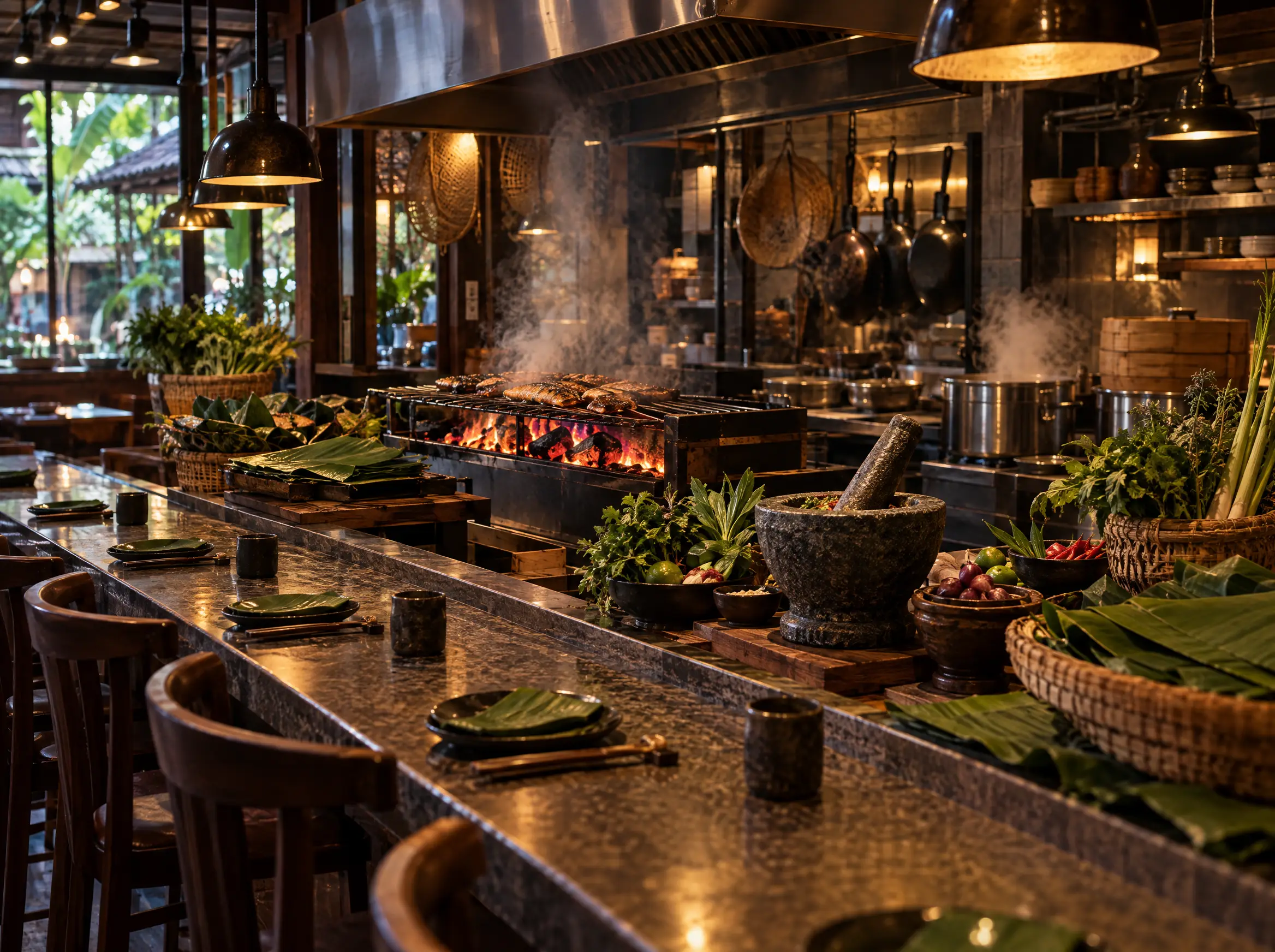 AI-generated illustration: An open Bangkok kitchen with a charcoal grill, herbs and mortar. Not a real venue.