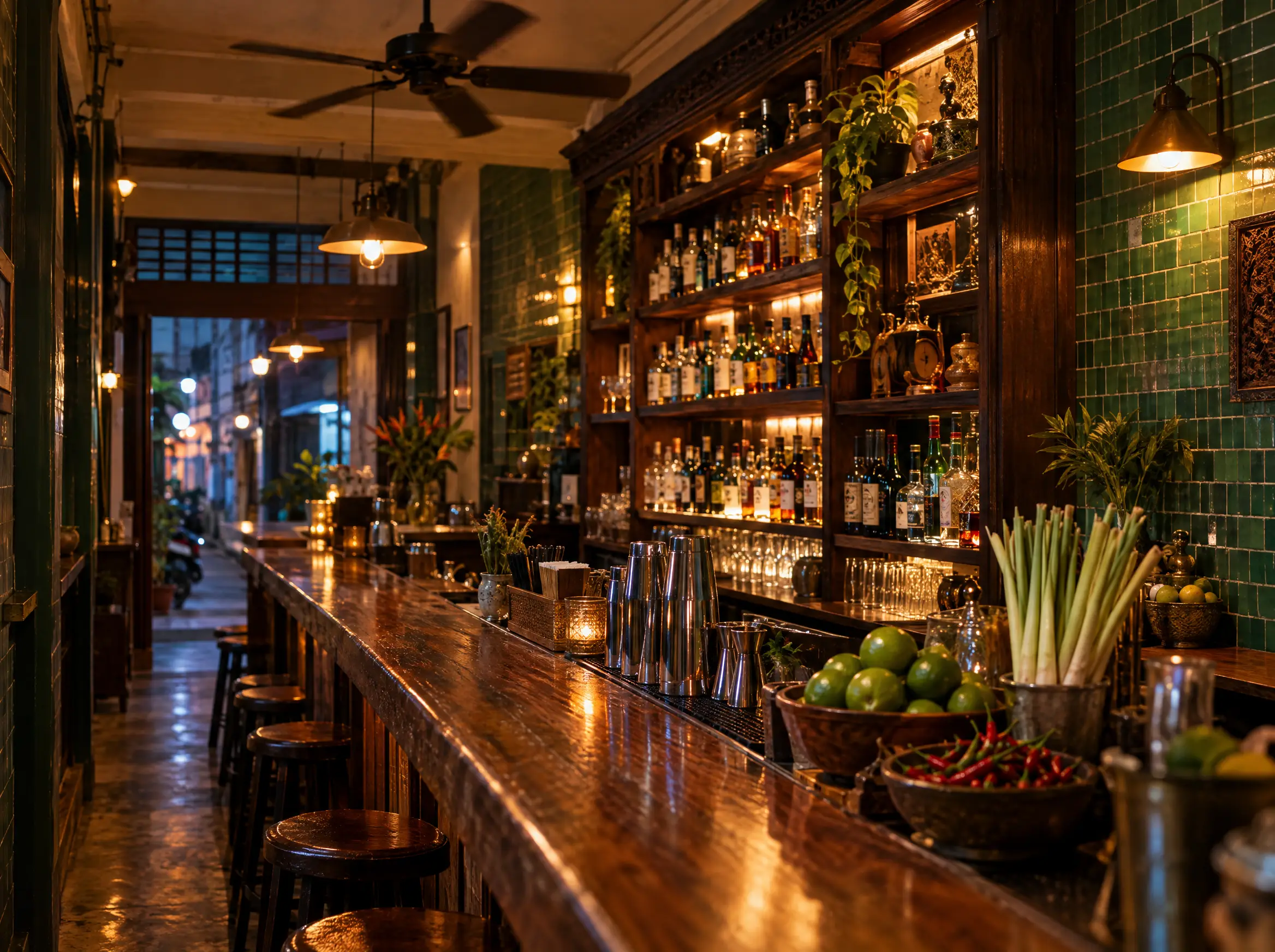 AI-generated illustration: A Bangkok shophouse bar with fresh citrus and cocktail tools. Not a real venue.