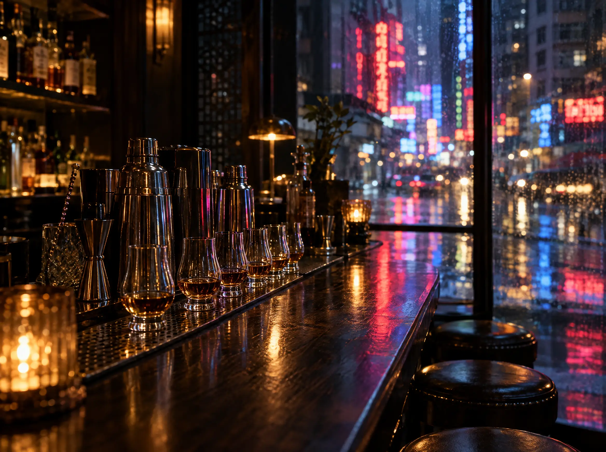 AI-generated illustration: An empty Hong Kong bar with tasting glasses ready for a cocktail class. Not a real venue.