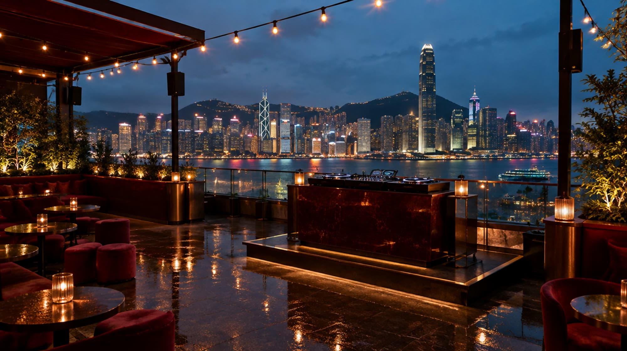 AI-generated illustration: An empty rooftop bar in Hong Kong at blue hour, a DJ booth in front of the harbour skyline. Not a real venue.