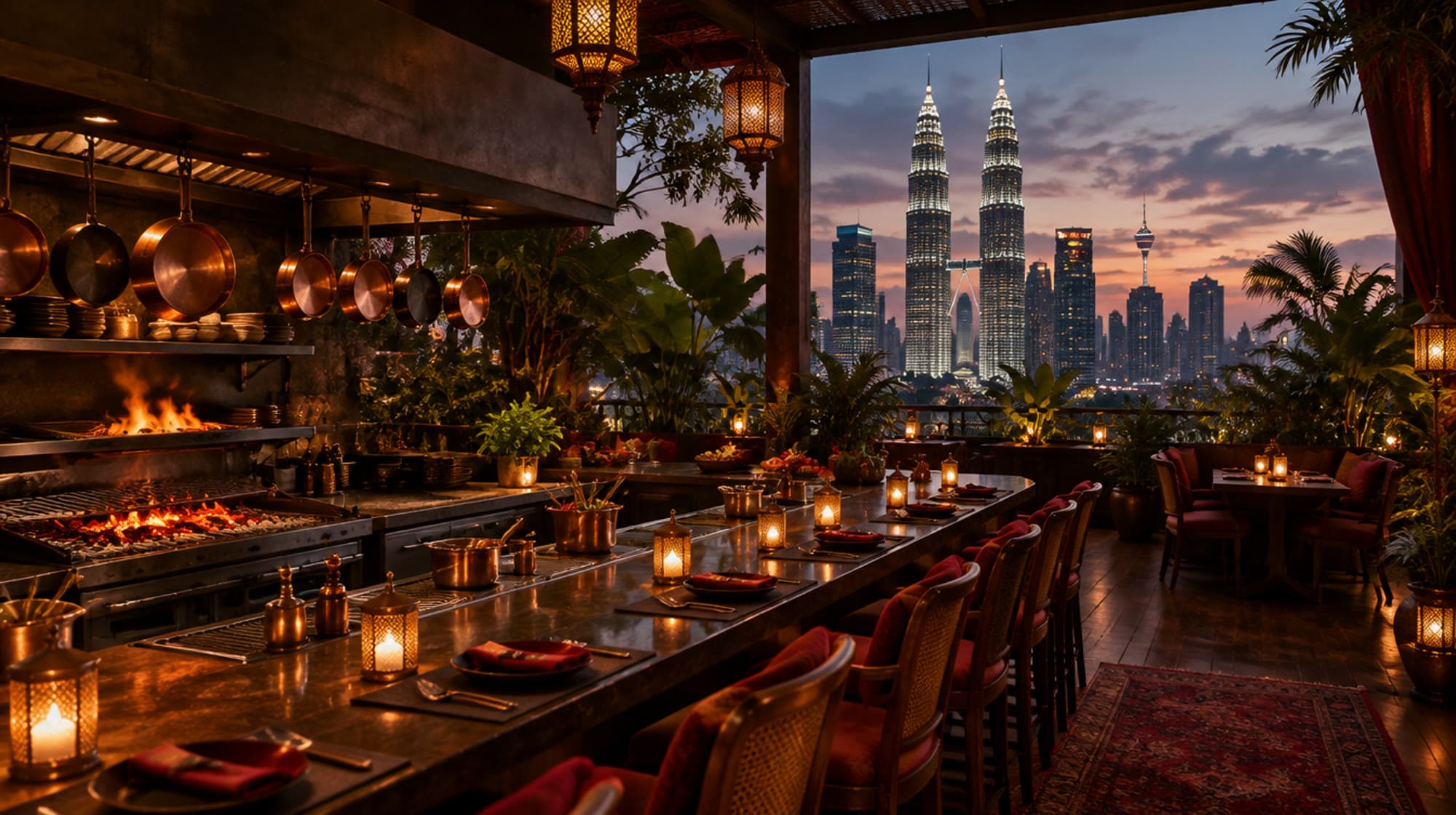 AI-generated illustration: An empty restaurant terrace in Kuala Lumpur at dusk with the twin towers behind. Not a real venue.
