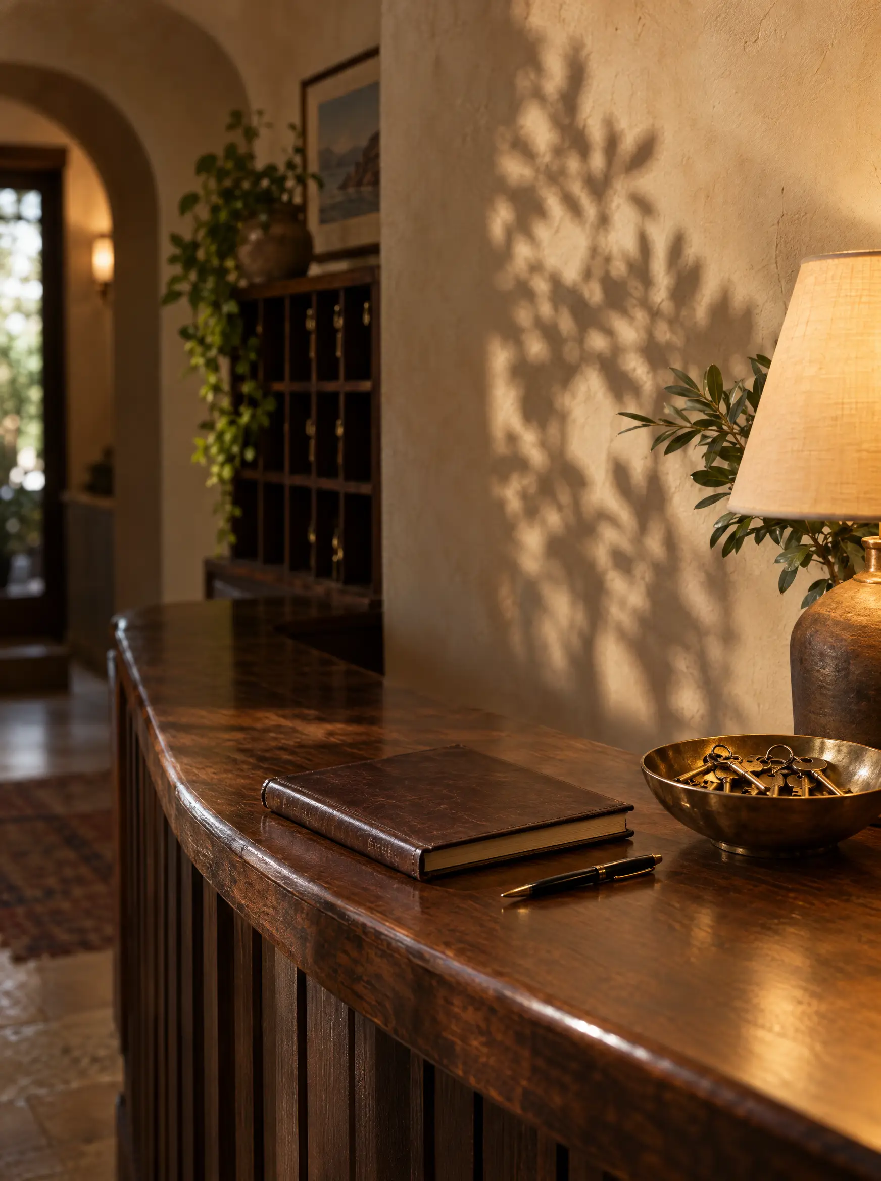 A guest book and keys at a quiet hotel reception