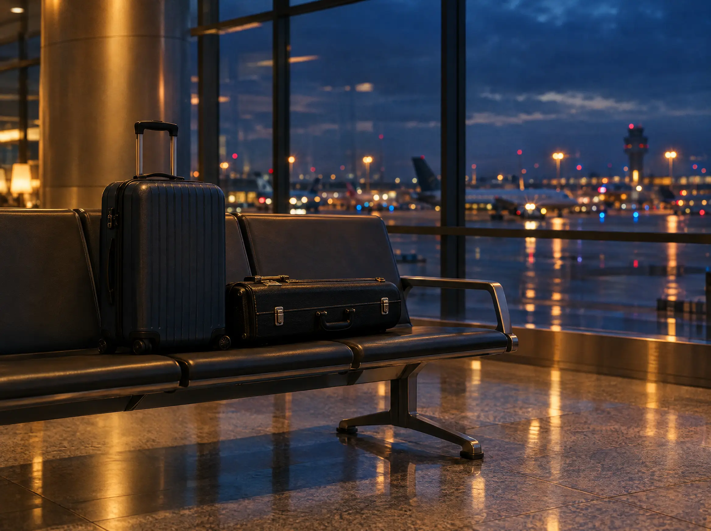 A suitcase and trumpet case waiting on an empty terminal bench