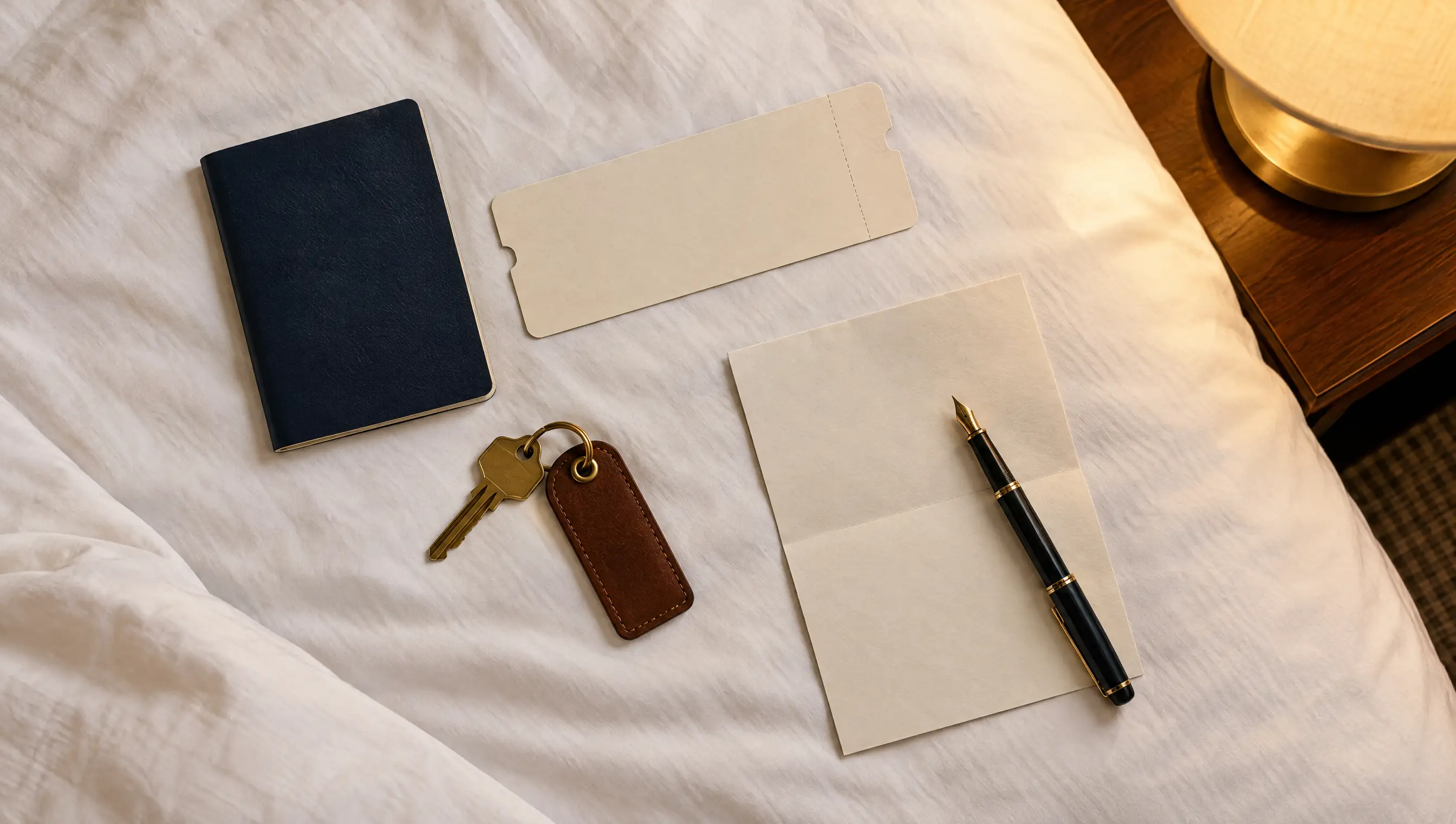 A passport, room key and blank agreement laid out for a trip