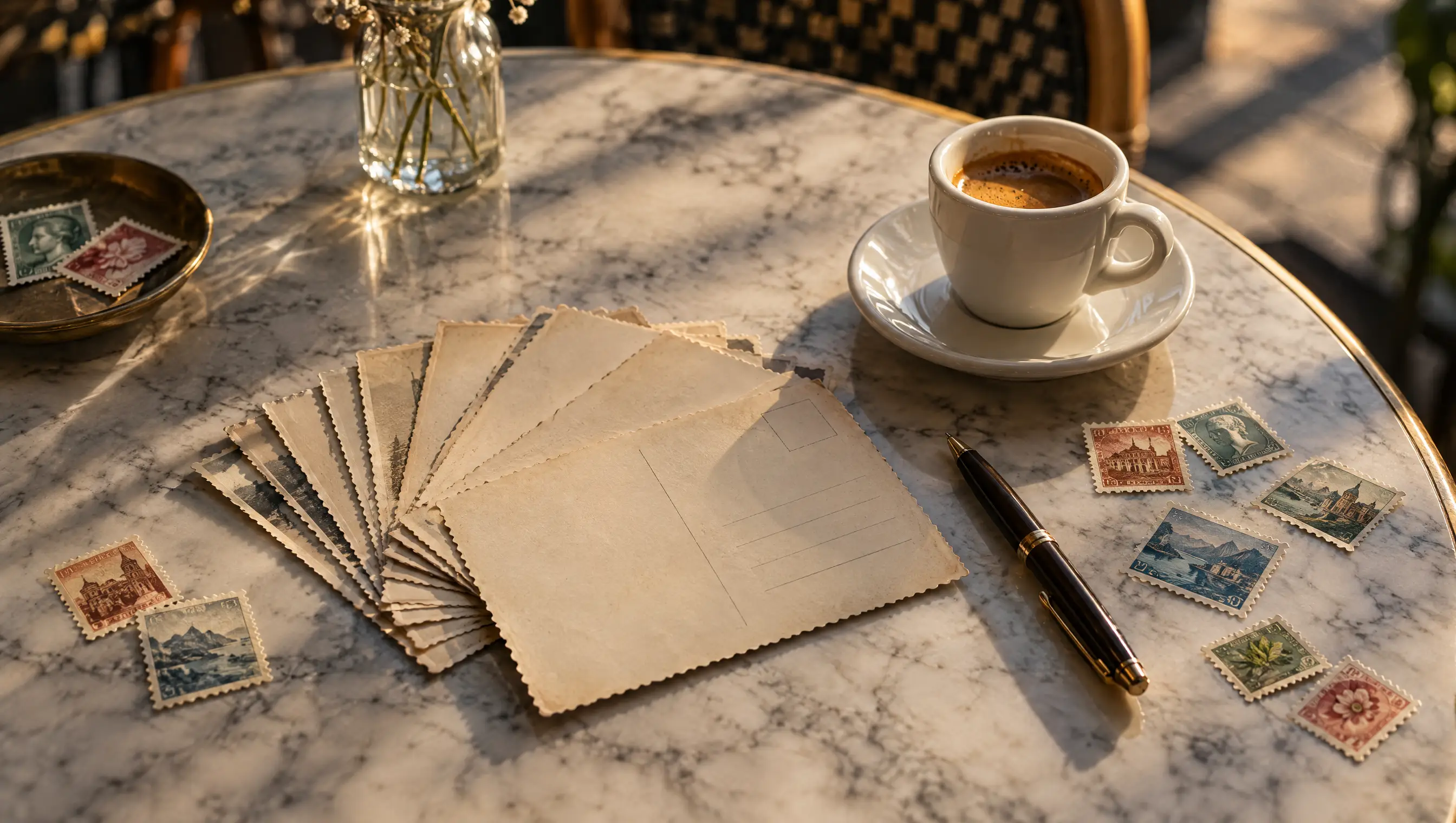 Blank postcards and a pen on a café table, ready for a future story